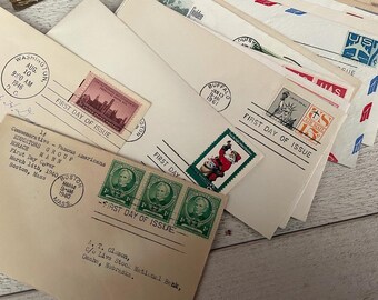 vintage d'occasion enveloppes premier jour, courrier postal, avec timbres et cachets de la poste, éphémères pour la journalisation indésirable, 10 pièces
