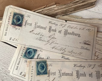 Antique 1870s bank checks, With tax revenue stamp, Ephemera, Bank note, Handwriting, For junk journal
