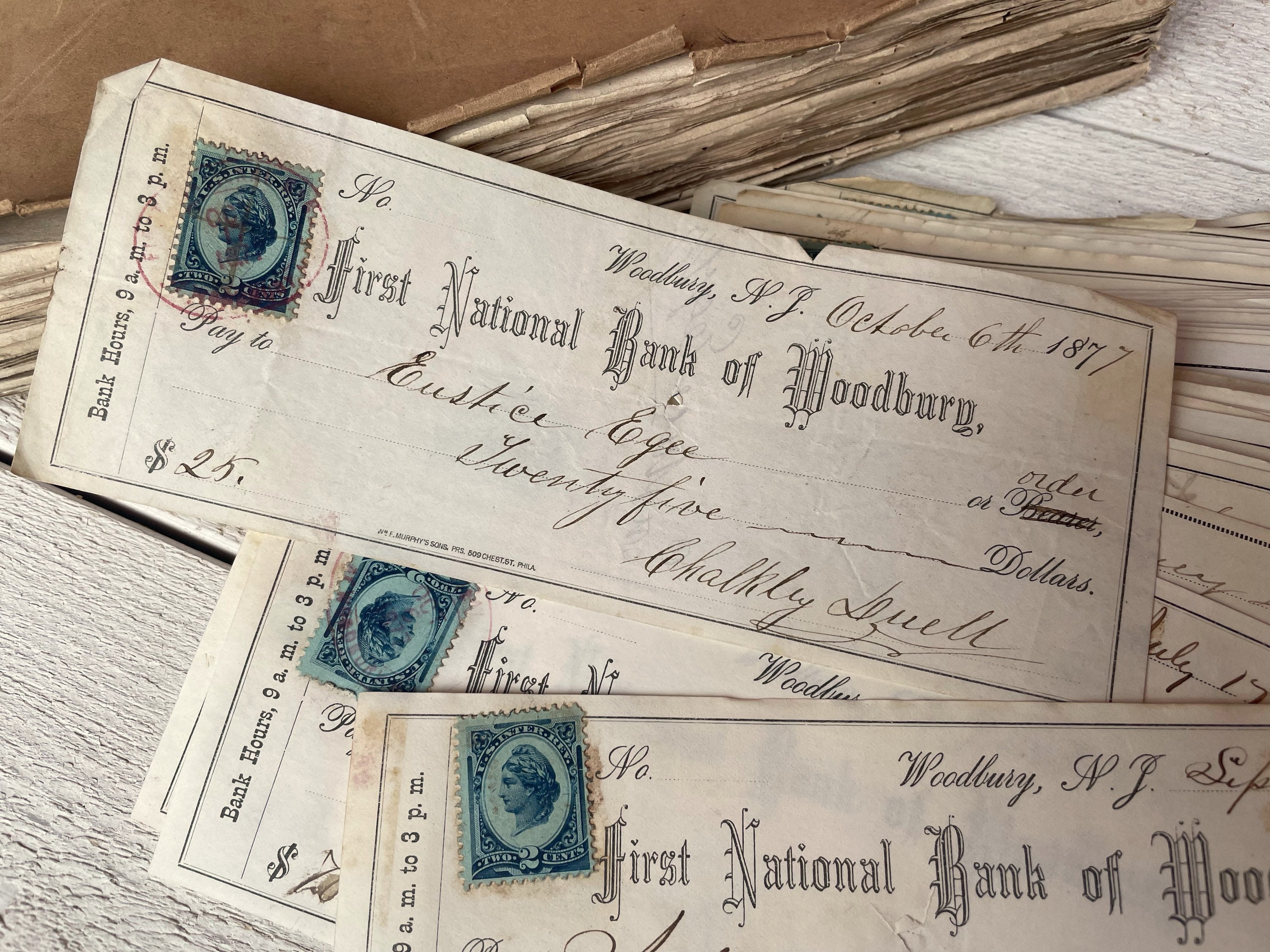 Retro Cheque Cheques bancarios antiguos de la década de 1870, con sello fiscal ...