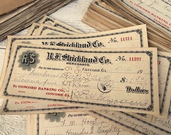 Antieke bankcheques, Gebruikt betalingsbewijs, Vintage ephemera voor junk journal, Handgeschreven, 10/50/100 vellen