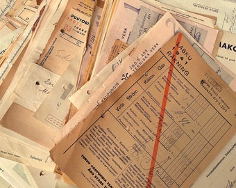 May include: A pile of aged documents, including invoices and forms, with handwritten notes and stamps. The papers have a yellowed, textured appearance, and feature text in multiple languages. The documents are stacked together, creating a layered effect.