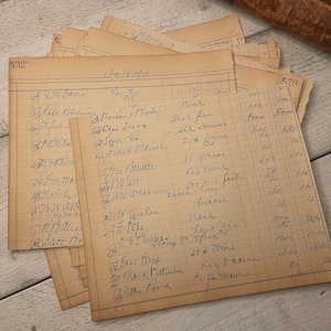 Livro de registro manuscrito antigo, scraps da década de 1910, coisas efêmeras vintage para diário de lixo eletrônico, caligrafia, 10 folhas grandes de sucata