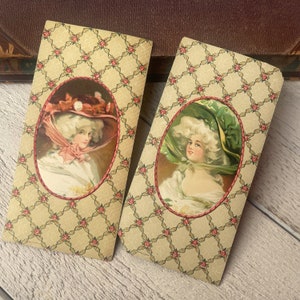 Cartões de propaganda vitorianos, itens antigos para diário de lixo, scrapbooking vintage, papel cartão, mulheres com chapéu