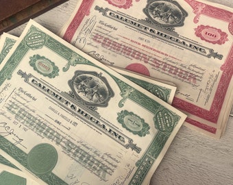 Antique stock certificates Red and Green, Vintage ephemera, Junk journal papers, Set of 6 sheets