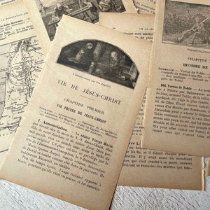 May include: A collection of vintage, yellowed pages from a book about the life of Jesus Christ. The pages are printed with black text and illustrations. The text includes the chapter title "Vie Priv&eacute;e de J&eacute;sus-Christ" and the section heading "Annonciation".