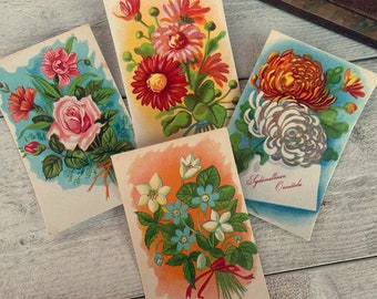 Postales de flores vintage, Efímera para diario basura y medios mixtos, Conjunto de tarjetas sin usar, 4 hojas