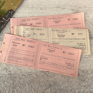 Vintage Circus Lithograph Lease tickets, Neutral ephemera, Cole Bros Circus, Carnivals, For junk journal, Scrapbooking, 3 sheets