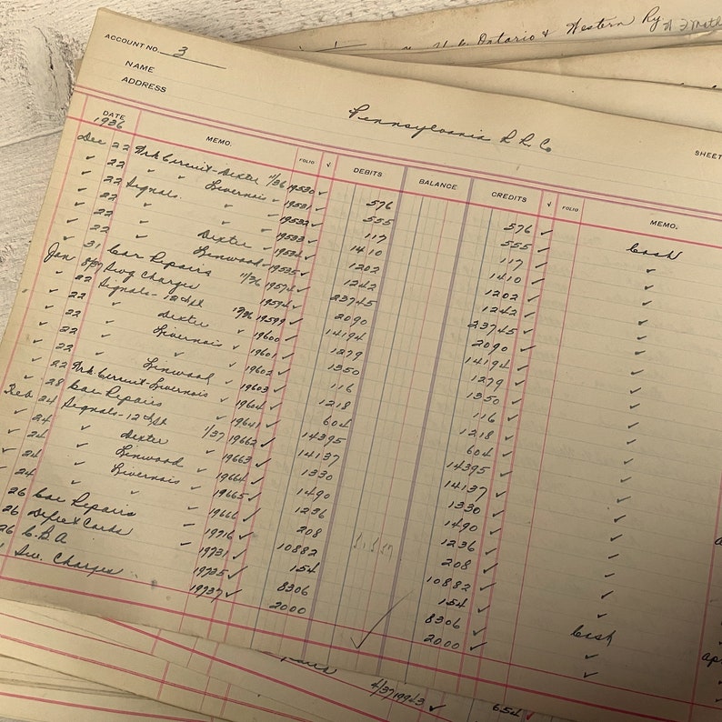 May include: A vintage ledger page with handwritten entries in black ink. The page is titled "Pennsylvania R.R. Co." and includes columns for date, memo, debits, balance, and credits. The ledger page is dated December 1922 and January 1923.