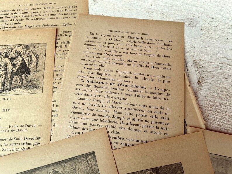 May include: A close-up of a page from a vintage book about the life of Jesus Christ. The text is in black ink on aged paper. The text describes the birth of Jesus and the journey of Mary and Joseph to Bethlehem.