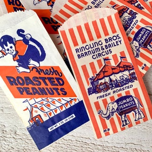 Sacchetti di carta vintage con arachidi, Effimere del parco divertimenti, Carnevale, Tema del circo, Arachidi tostate, Diario delle ricette