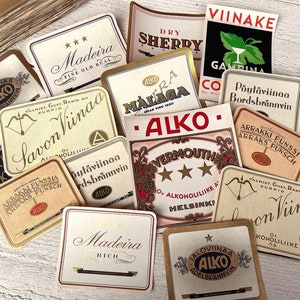 Sortimento de rótulos de garrafas finlandesas vintage - 15 folhas - Anúncio, itens de diário de sucata