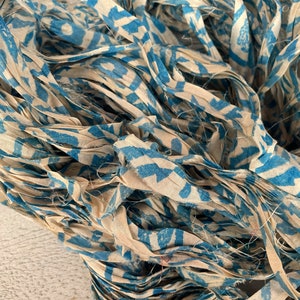Sari silk ribbon - «Blue Patterns » 3 or 6 or 10 yards, Recycled Indian saree, ribbons for crafts or jewelry, junk journal