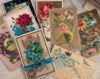 Cartoline di fiori antichi, effimeri vintage per il diario spazzatura, inizi del 1900, 5 carte scelte casualmente