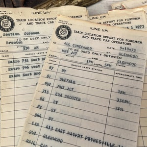 May include: A vintage train location report form for foremen and track car operators. The form is printed on white paper with black ink and has a date of 9-18-73. The form is titled "Train Location Report for Foremen and Track Car Operators" and includes the following information: "All Concerned", "To be used only between MNS JCT and Glenwood", "Date", "At Glenwood", "From Station", "Train", "Should Leave Station", "Approximate Time".