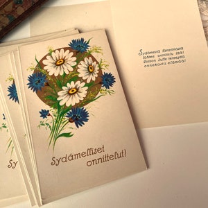 carte de voeux vintage de fleurs finlandaises, éphémères pour la journalisation indésirable, fleurs bleues, félicitations