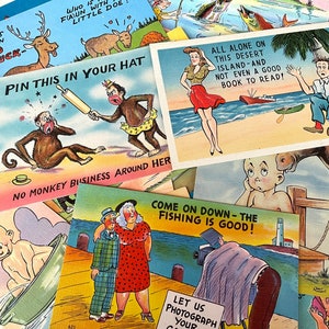 Vintage Humor Leinen Postkarten, Bunte Ephemera für junk journaling, Jokes Lustige Karten, 5 Bögen