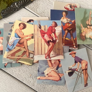 cartes de collection vintage pin up girls, pin ups, réimpressions de 1995 de peintures du milieu du siècle, éphémères pour journal indésirable, 10 cartes aléatoires