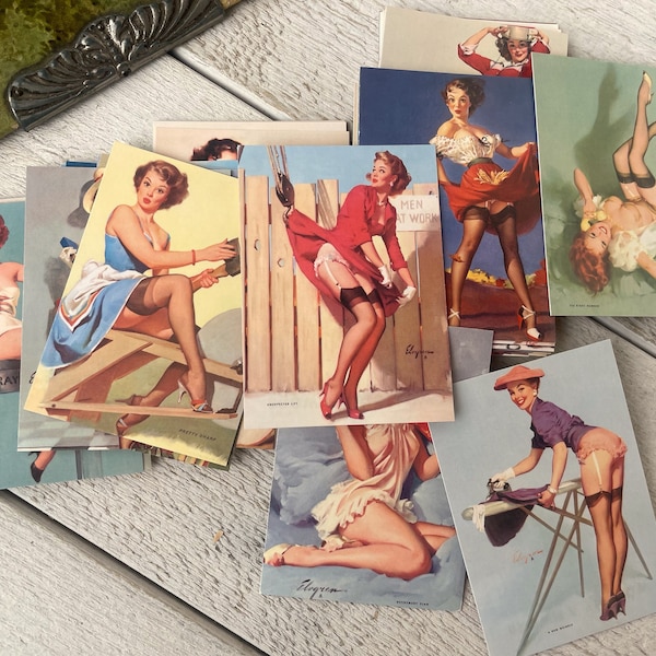 Vintage collectible Pin up girls cards, Pinups,  1995 reprints of mid century paintings, Ephemera for junk journal, 10 random cards