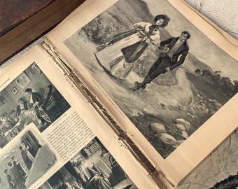 Páginas de revistas antiguas del siglo XIX, revistas mensuales Victorian Demorests, Ilustraciones, Diario basura, 10 hojas