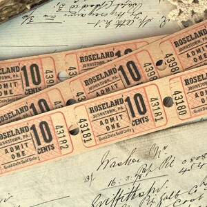 Vintage Roseland skating rink tickets, Admit one admission, Entry Amusement, Junk journal ephemera, 10 tickets