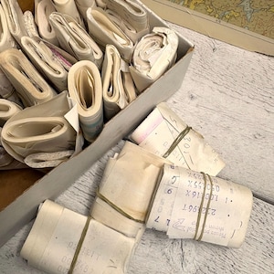 Peut inclure: Une boîte en carton remplie de nombreux rouleaux de papier blanc cassé, certains maintenus par des élastiques. Plusieurs rouleaux présentent des données numériques et du texte imprimés, dont la mention 'Please partial shown copy'.