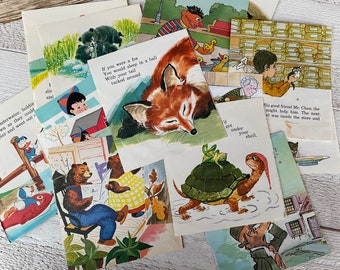 Vintage Childrens book pages, Illustrations, Kids, Junk journal paper, Ephemera for scrapbooking, 10 sheets