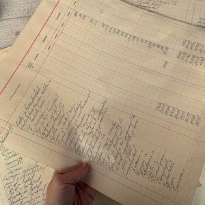 Grandes páginas de livro-razão vintage manuscritas, itens finlandeses dos anos 1930-50 para diário de lixo ou embrulho, folhas de conta, caligrafia, 10 folhas
