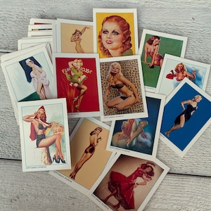 Tarjetas vintage de chicas pin-up, reimpresiones de pinturas de mediados de siglo de 1995, efímeras de revistas basura, 10 tarjetas al azar o las 50 tarjetas.