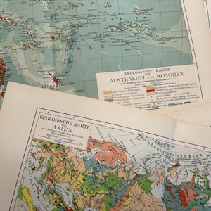 Antike 1800er Deutsche Atlas Seiten aus Geologie Wissenschaftsbüchern - 3 zufällige Doppelseiten - Ephemera für Junk Journal
