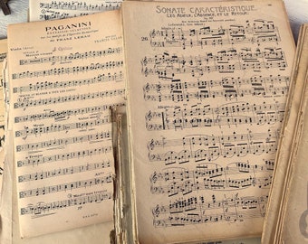Enorme set di spartiti musicali antichi, materiale effimero di diario spazzatura, per lavori artigianali e tecniche miste, 25 fogli