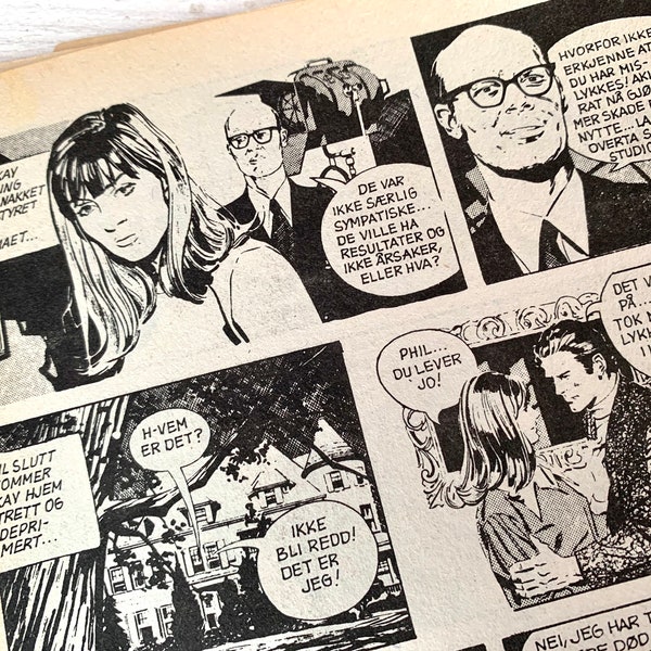 Pages de bandes dessinées vintage, bandes dessinées norvégiennes en noir et blanc, Phantom, Agent X9, journal technique mixte et indésirable, 10 feuilles