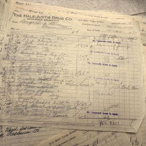 Fogli per ordini di farmacia vintage e trasandati - 10 fogli - Scritti a matita disordinati, Carta sottile, Materiale effimero per diario di scarto