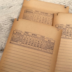 Hojas de agenda de escritorio vintage de 1949, pátina oscura, papel envejecido para diario basura, material efímero para scrapbooking, 5 hojas con fechas aleatorias