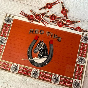 Large vintage Red tips cigar box labels with cigar bands, Gold Embossed, for junk journaling, advertisement, 2 large + 10 bands