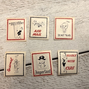 Etiquetas postales pequeñas vintage, divertidas y humorísticas, 6 hojas (una de cada una), material efímero para diario basura