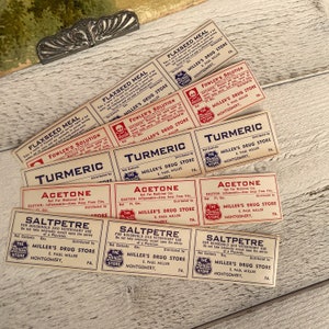 Set di etichette per farmacie vintage, effimeri farmacisti, assortimento di etichette per scrapbooking, journaling spazzatura, 15 etichette