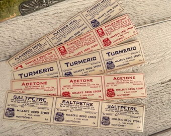 Vintage pharmacy labels set, Apothecary ephemera, Label assortment for scrapbooking, Junk journaling, 15 labels