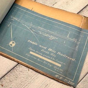 Op de afbeelding: Een vintage blauwdrukdocument getiteld Mobile and Ohio Railroad, Booth Ala. De technische tekening bevat handgeschreven tekst, een windroos en details over landverhuur voor houtopslag met een schaal van 1 inch staat tot 100 voet.