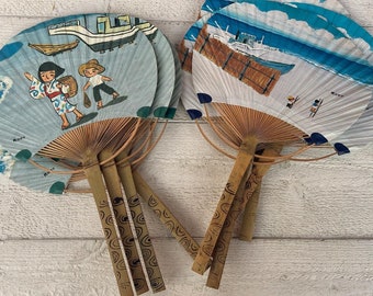 Vintage Japanese paper fans, Oriental illustrated fan, Asian style hand painted look, Unique ephemera scrapbooking