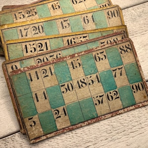 Antieke versleten shabby Lotto-kaart, Franse ephemera voor junkjournal: 1, 2 of 3 kaarten
