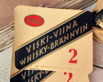 Vintage finska whiskyetiketter 1930-talet, flasketikett, skräpjournalistiska ephemera, 20 ark