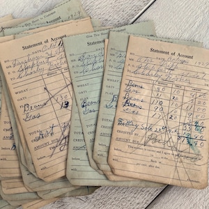 Ricevute agricole antiche, scritte a mano in modo trasandato, materiale effimero vintage per diario spazzatura, ricevuta anni '20, 5 fogli