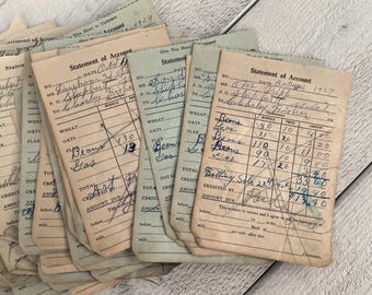 Recibos agrícolas antiguos, manuscritos de mala calidad, efímera vintage para diario basura, recibo de la década de 1920, 5 hojas