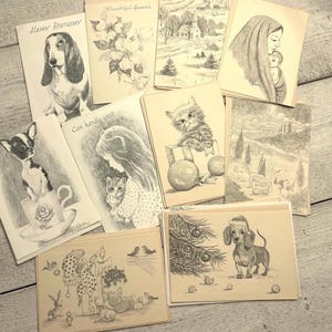 Tarjeta de felicitación vintage: UNA tarjeta a elegir, artista discapacitado de los años 70, dibujada a lápiz, felicitaciones