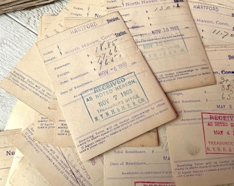Vintage Railroad receipts, Train station receipt, Large set, Patina, For junk journal, 20 sheets
