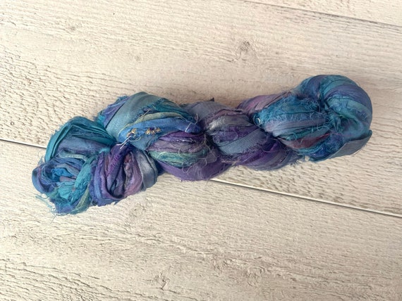 Sari silk ribbon - «Gypsy blue» 6 or 10 yards, Recycled Indian saree, for crafts or jewelry, junk journal, Blue/purple/green