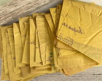 Vintage SCRAPS of onion skin tissue paper, Thin cut yellow papers, From antique duplicate journal, Junk journaling ephemera, 20 scrap sheets