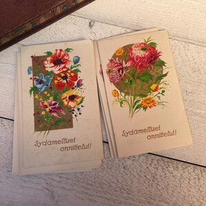 Tarjetas de felicitación con flores vintage, efímera finlandesa para diarios basura y técnicas mixtas, juego de tarjetas sin usar, 2 tarjetas dobladas