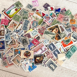 Gran colección de sellos postales antiguos (200 o 400 uds.) - Sellos cancelados, EE. UU. y el mundo, sellos usados sin papel, restos de correo postal