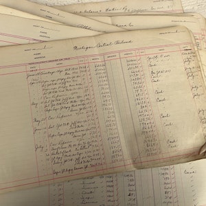 May include: A close-up of a ledger page with handwritten entries for the Michigan Central Railroad. The page shows dates, debits, credits, and a balance column. The entries include details like "Car Repairs", "Crockage", and "Salvage".